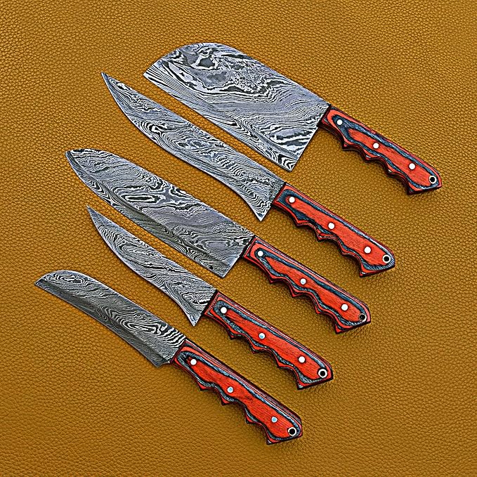 5 Damascus knives with red handles fanned on leather