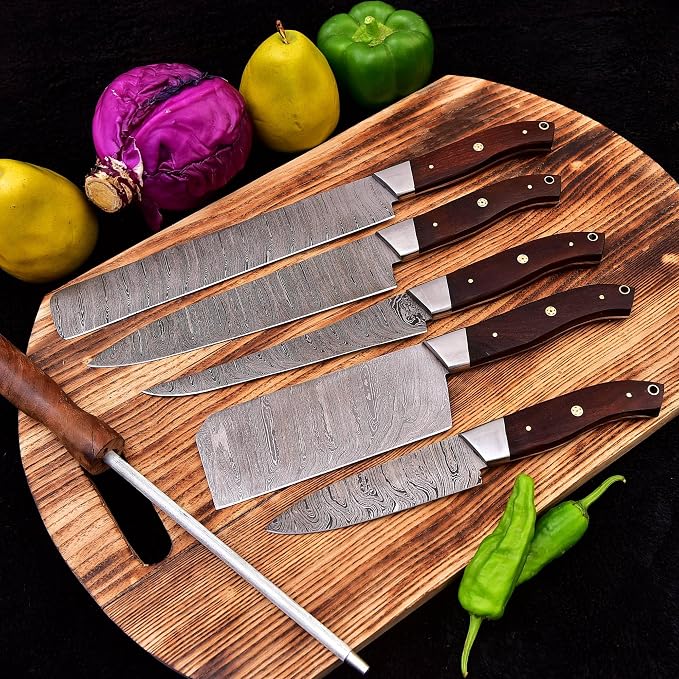 5 Pieces Damascus Steel Chef Knife Set with rosewood handles and a bonus sharpening rod