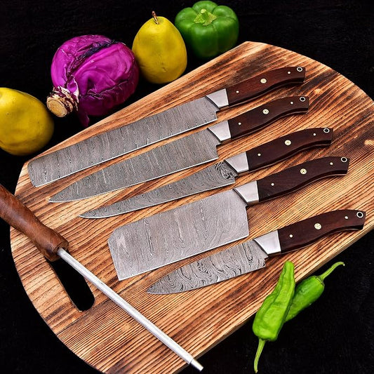 5 Pieces Damascus Steel Chef Knife Set with rosewood handles and a bonus sharpening rod