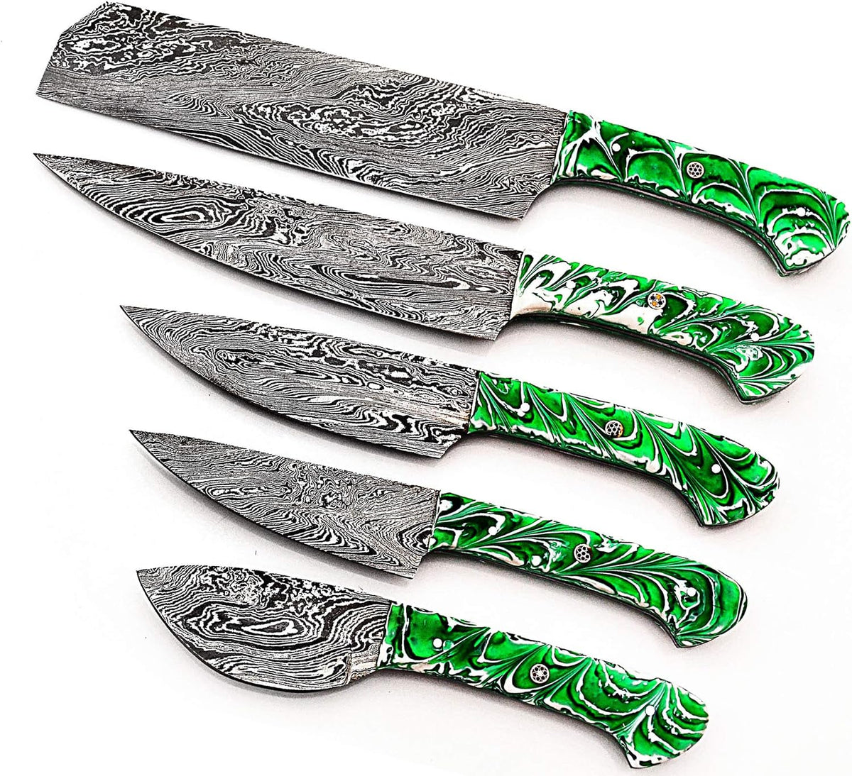 Damascus kitchen knife set of five with green and white resin handles