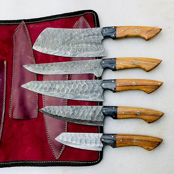 Damascus cleaver, chef and santoku blades with olive wood handles and brass pins