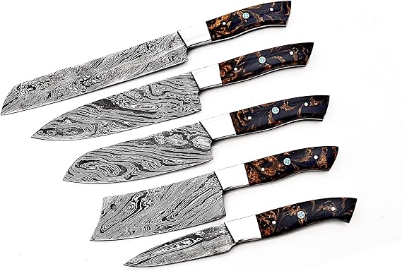 5 piece knife set with black and copper handles close up