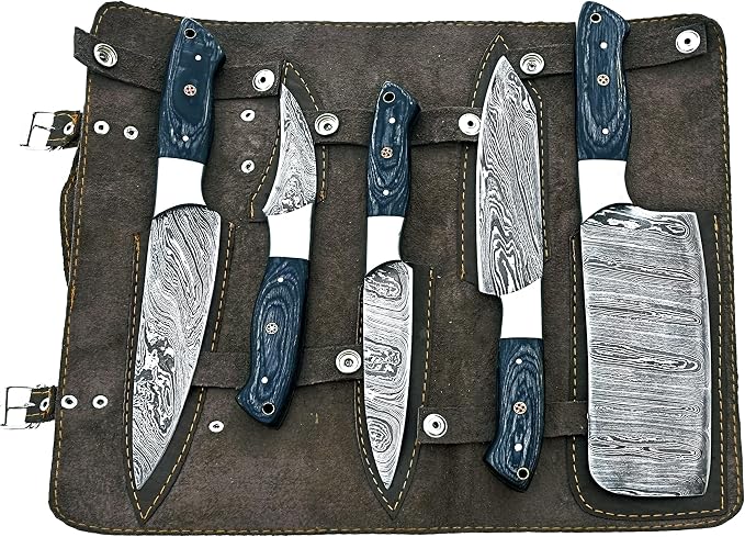 5 piece Damascus knife set with cleaver in open leather case