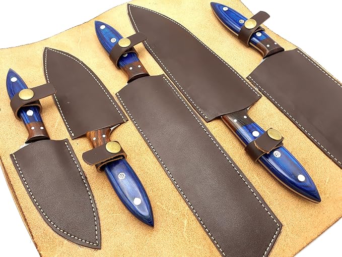 5 piece Damascus knife set in open leather case
