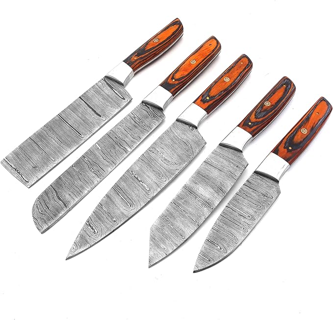 5 piece knife set with orange and black handles fanned