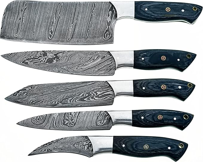 5 piece knife set with navy blue handles arranged