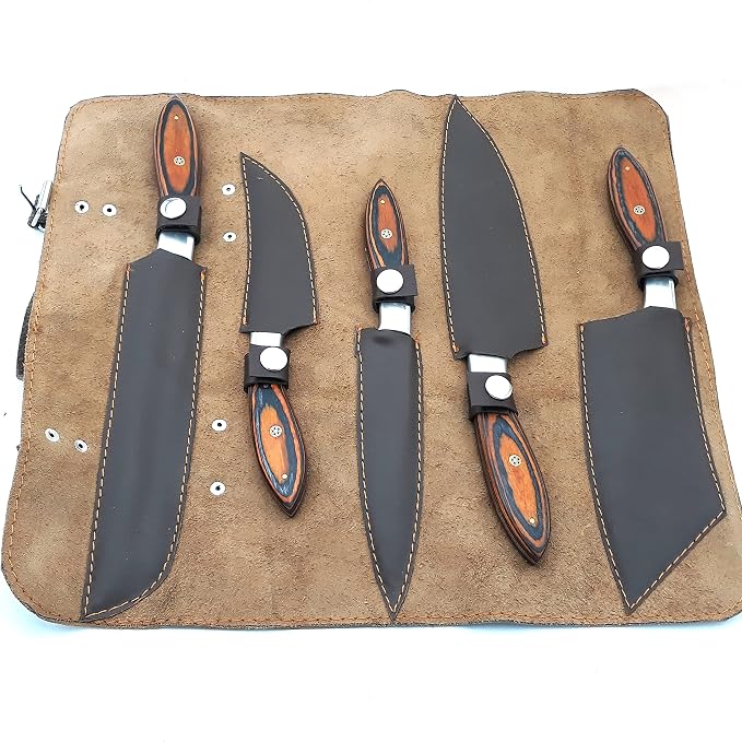 5 pieces knife set with black coated blades in leather case