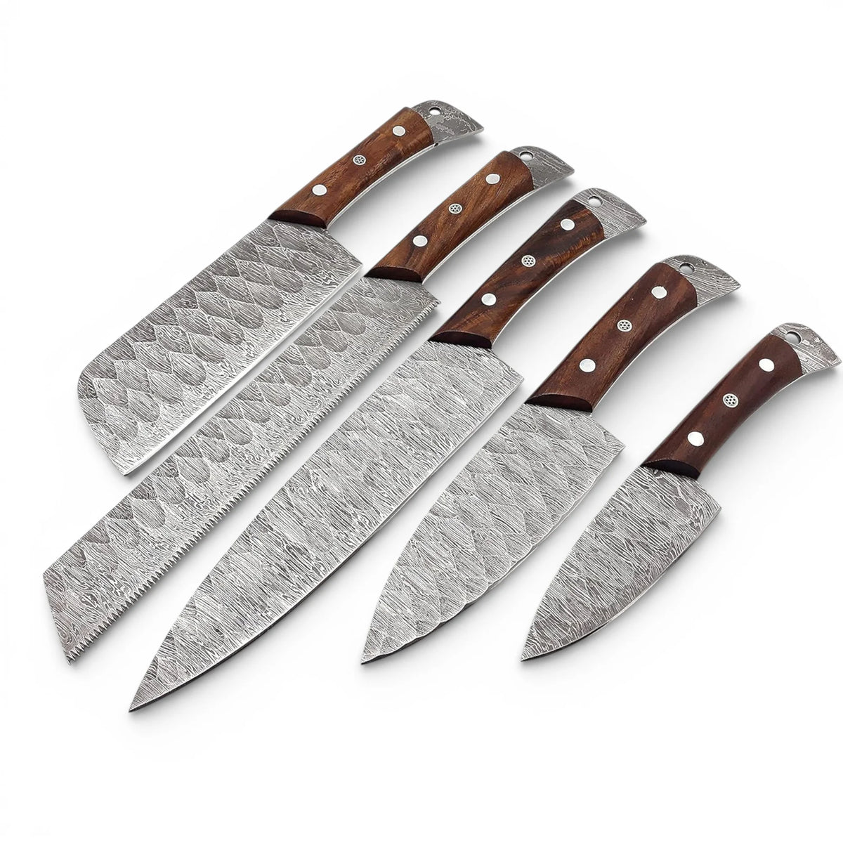 5 pcs Damascus steel kitchen knife set featuring hammered blades and smooth pakka wood handles on a white background