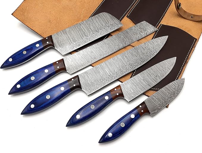 Damascus blades exposed beside sheaths in open case