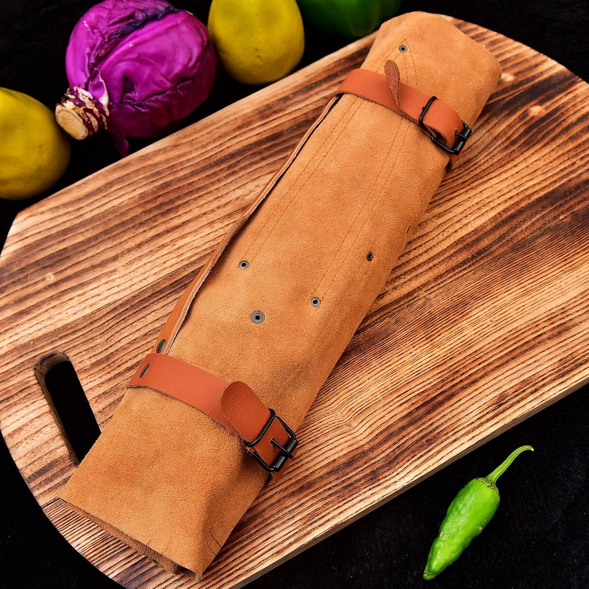 Tan leather roll storage case for the 5 Pieces Damascus Steel Chef Knife Set, shown closed