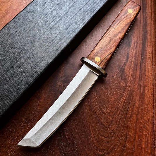 Handmade Japanese Tanto Fixed Blade Knife | D2 Steel Full Tang Survival Knife with Wood Handle