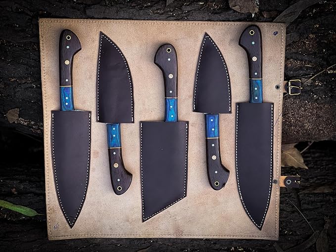 Leather knife roll holding five Damascus knives in their dark brown sheaths