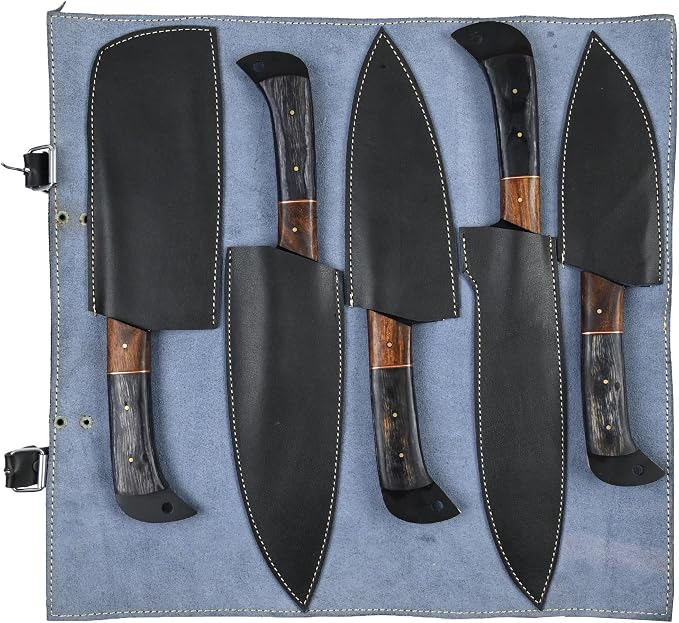 5 Pieces Damascus Steel Chef Knife Set with Pakka Wood Handle, Leather Roll
