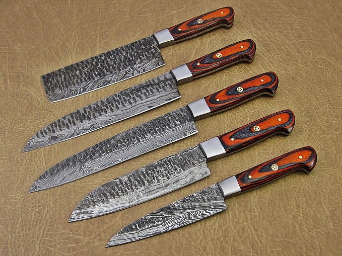 5 piece Damascus knife set with pakka wood handles fanned on leather