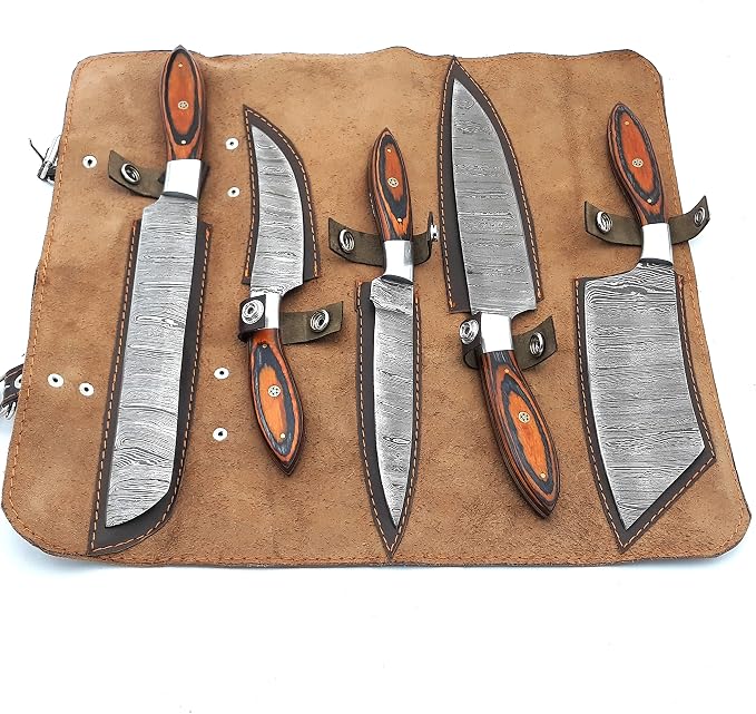 5 pieces Damascus knife set in open leather case with sheaths