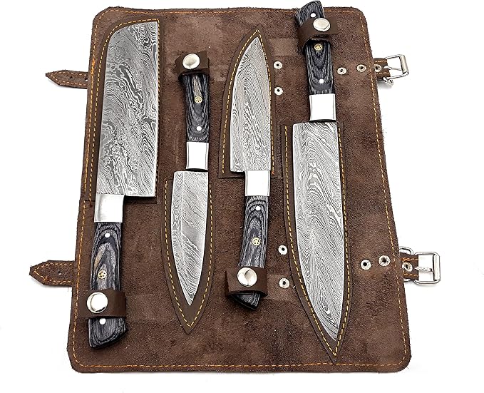4 piece Damascus knife set in open leather case with individual sheaths