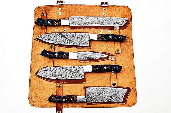 5 piece knife set with black and copper handles in leather case