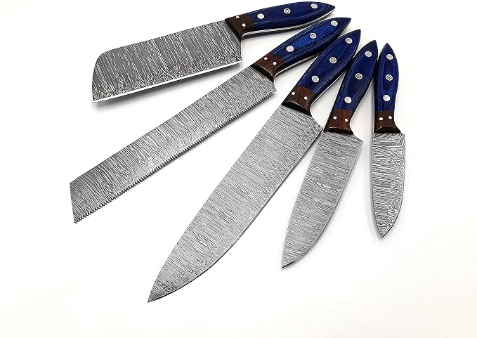 5 Damascus knives with pakka wood handles fanned out