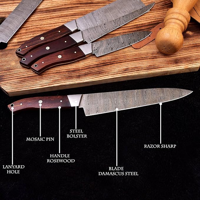 Labeled diagram showing the Damascus blade, rosewood handle, bolster and mosaic pin details