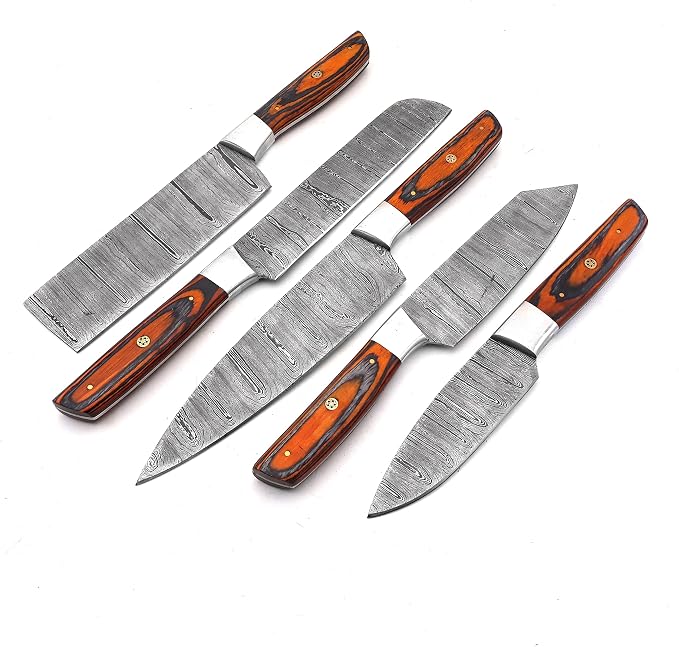 5 piece knife set with orange and black handles on white background