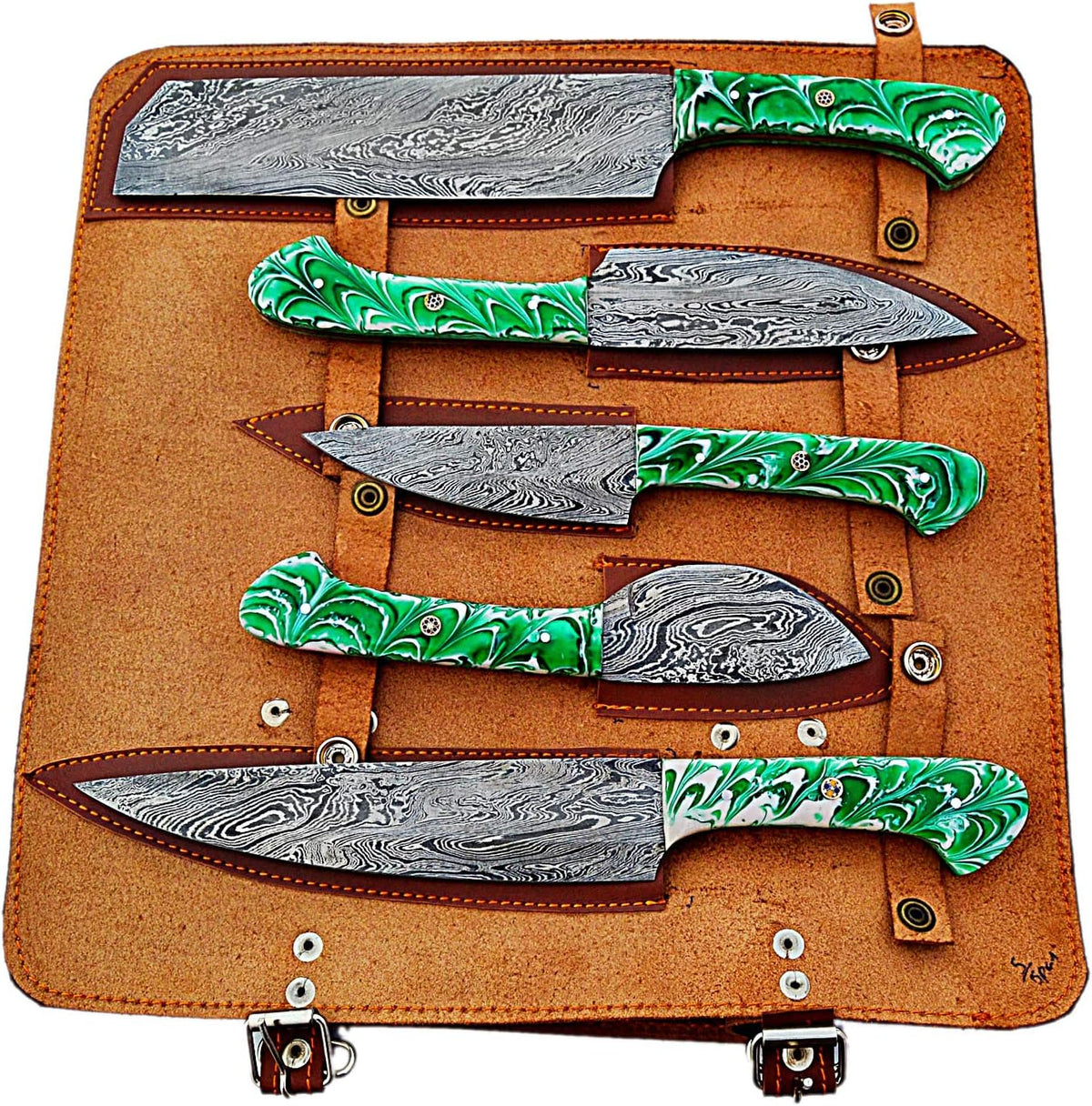 Damascus knife set of five with green resin handles on an open leather roll