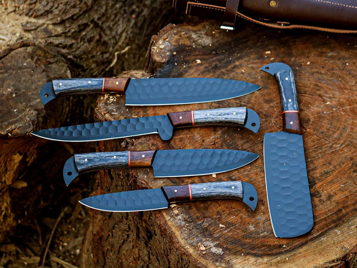 5 piece knife set with black blades and leather case