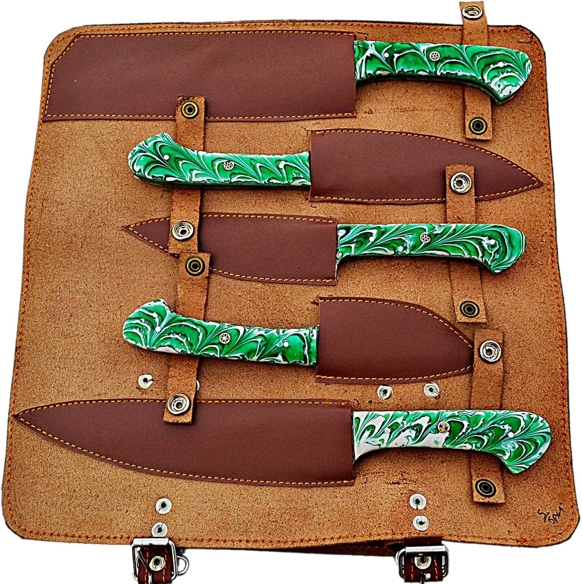 Leather knife roll holding five green handled Damascus knives in their sheaths