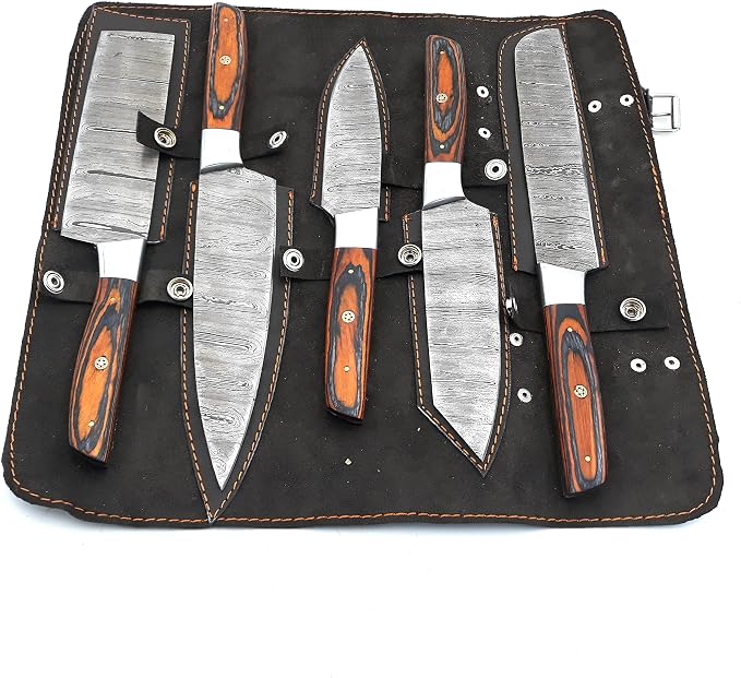 5 piece knife set with orange and black handles in leather case