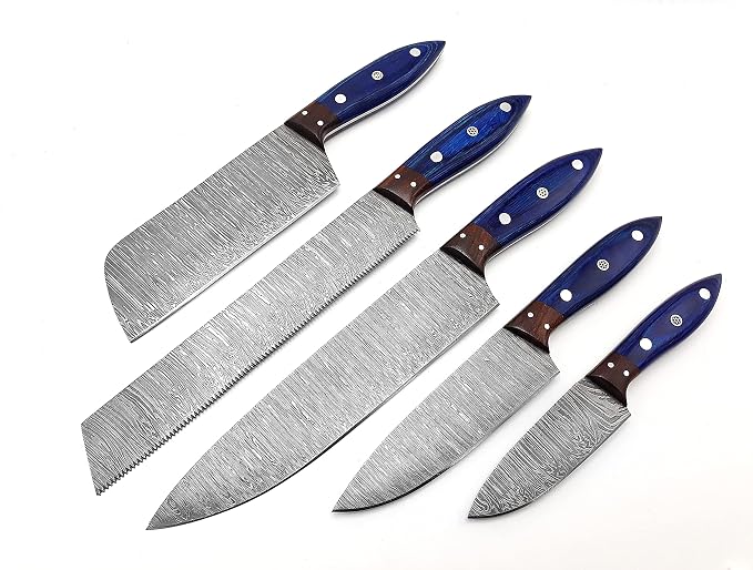 5 piece Damascus knife set with pakka wood handles