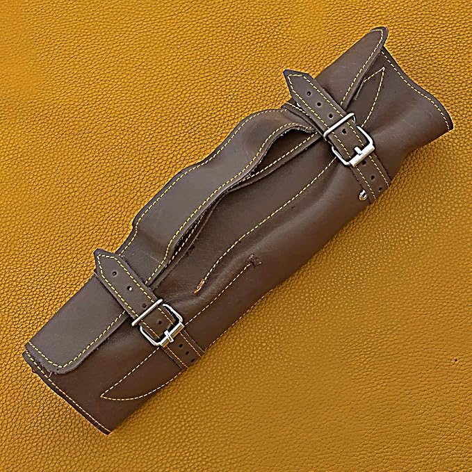 Closed leather roll case for Damascus knife set