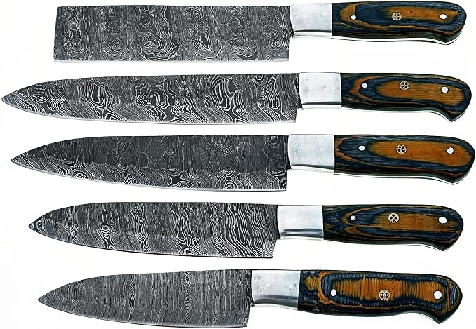 5 piece knife set with blue and yellow handles lined up