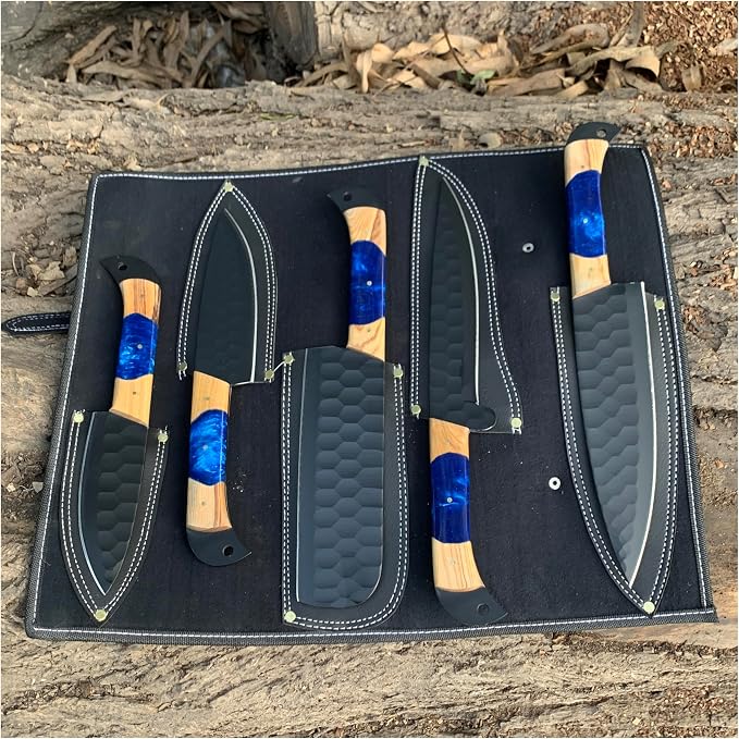 Leather roll case opened flat at an angle showing individual knife sheaths
