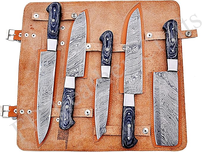 5 Pieces Damascus Chef Knife Set in Open Leather Roll