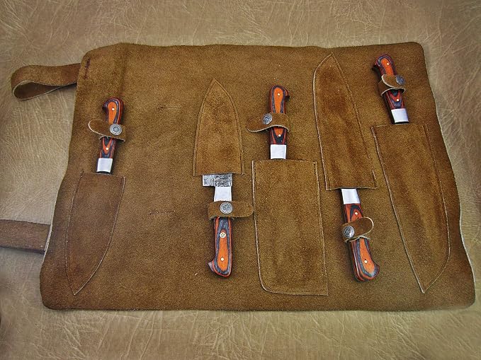 5 piece Damascus knife set in open leather case with sheaths