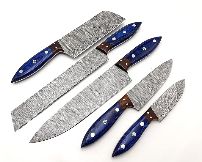 Pakka wood handle Damascus knives on white background