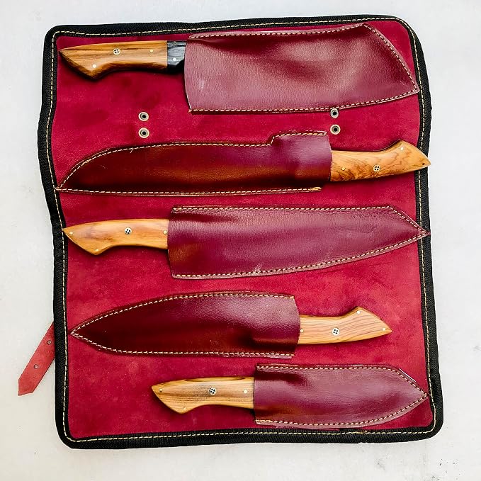 Burgundy knife roll with five Damascus knives in their own leather sheaths