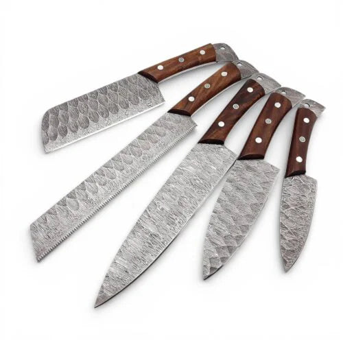5 pcs Damascus steel cooking knives showcasing hammered blades and wood handles