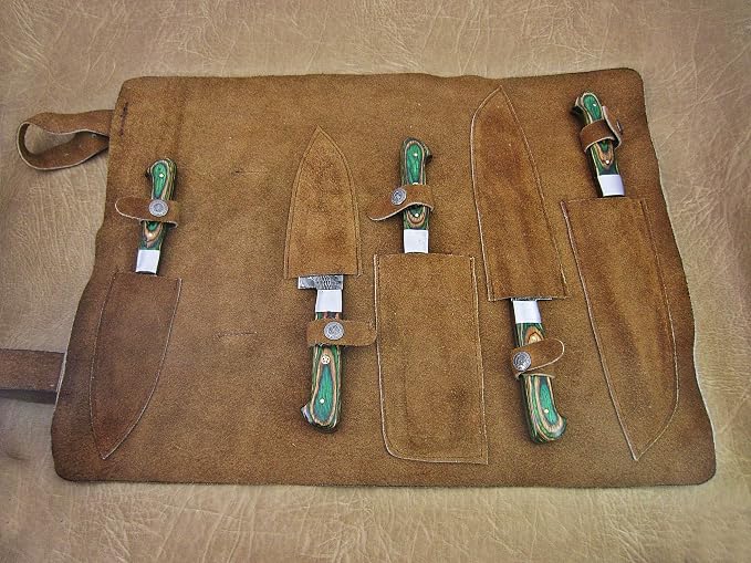 Open leather roll case showing pakka wood handle knives resting above their sheaths