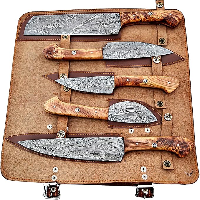 5 piece Damascus steel knife set with pakka wood handles in open leather roll case on white background