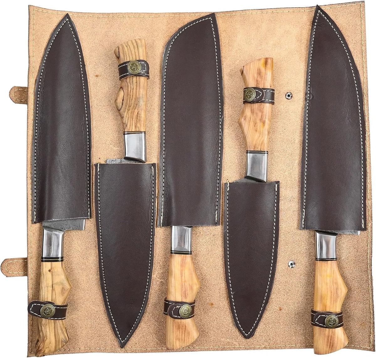 Leather roll case opened flat showing five individual sheaths holding each Sami Blades Damascus knife with pakka wood handle