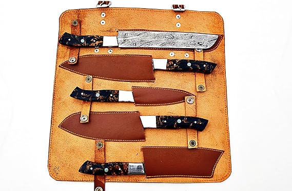 Leather knife roll case with sheaths and one knife