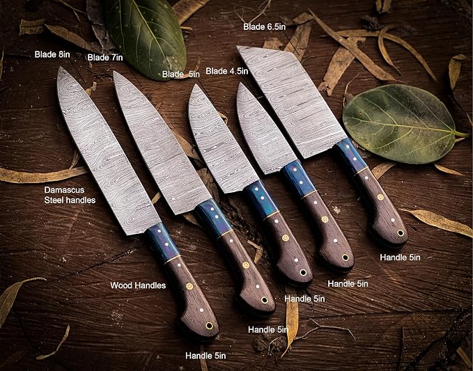 Five Damascus kitchen knives fanned in front of a rolled leather knife case