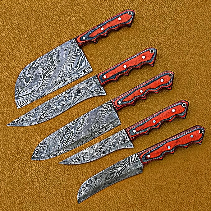 5 Damascus knives with red handles fanned diagonally