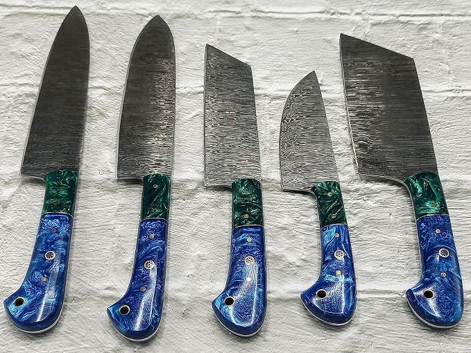 5 piece knife set with green and blue handles on white background