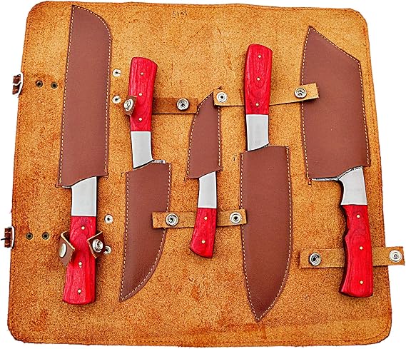 5 pieces Damascus knife set in open leather case with sheaths