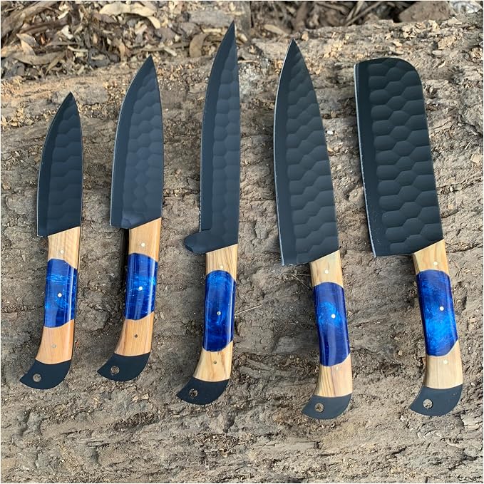 5 Pieces Black Finish Steel Chef Knife Set displayed beside its black leather roll case