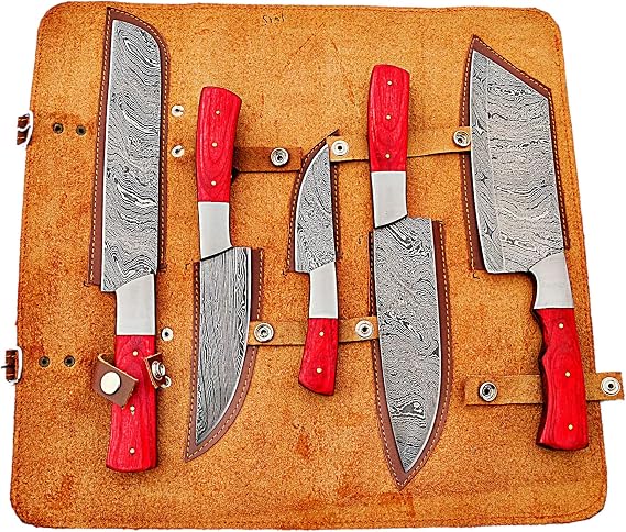 Damascus blades and sheaths shown in open leather case