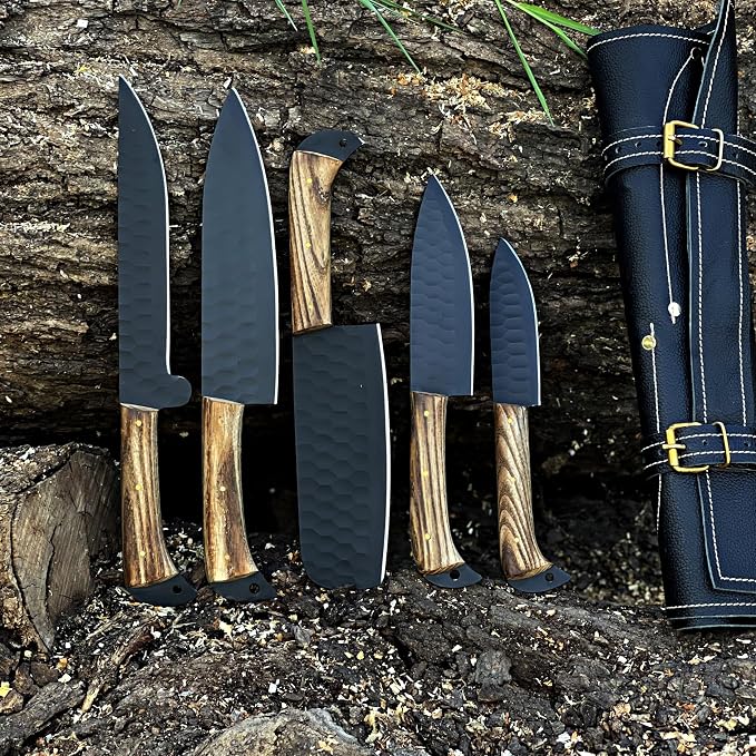 5 knives with textured handles leaning against tree bark