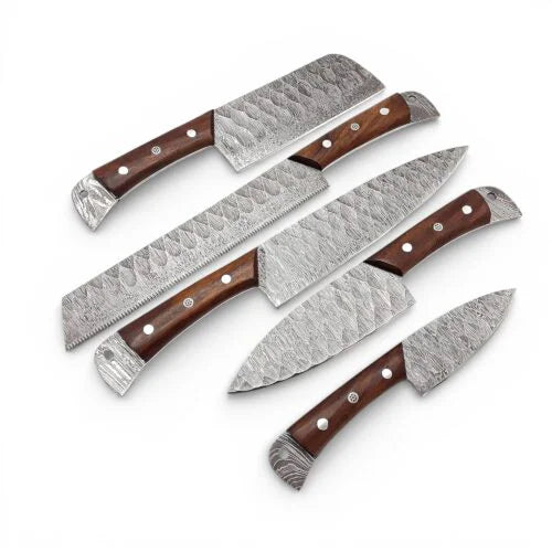 5 piece hammered Damascus steel knife collection with rich pakka wood handles