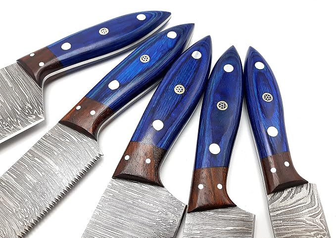 Close up of pakka wood handles with mosaic pin